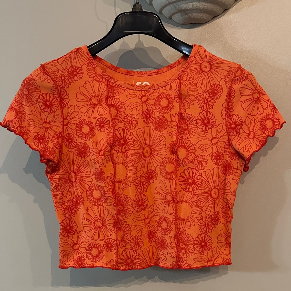 SO Vibrant Orange Floral Crop Top with lettuce hem